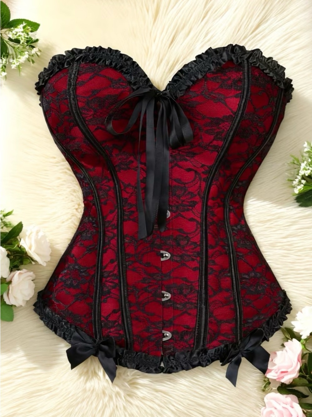 Women's Red Lace Corset Bustier with Black Trim Small